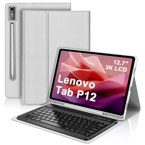SENGBIRCH Tastaturhülle für Lenovo Tab P12 12.7 Zoll 2023 (TB370FU) - QWERTZ Deutsche Tastatur Abnehmbare Bluetooth Wireless Tastatur für Lenovo Tab P12 12.7 Zoll 2023, Grau von SENGBIRCH