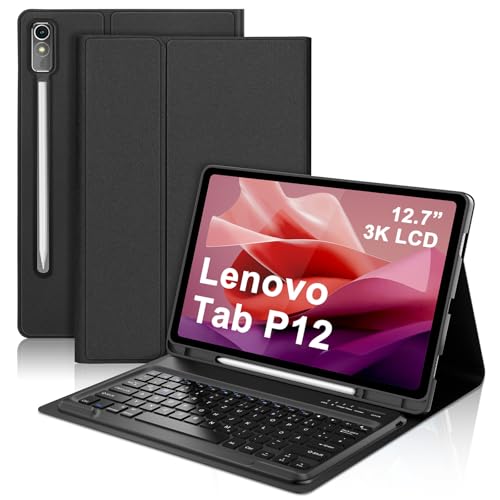 SENGBIRCH Tastaturhülle für Lenovo Tab P12 12.7 Zoll 2023 (TB370FU) - QWERTZ Deutsche Tastatur Abnehmbare Bluetooth Wireless Tastatur für Lenovo Tab P12 12.7 Zoll 2023, Schwarz von SENGBIRCH