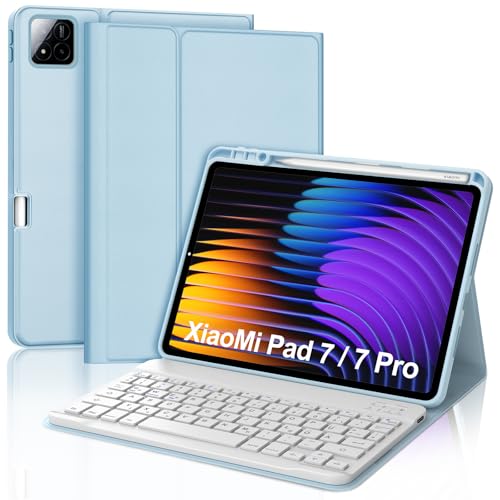 SENGBIRCH Tastaturhülle für Xiaomi Pad 7/7 Pro 11.2" 2024 - QWERTZ Deutsche Tastatur Abnehmbare Bluetooth Wireless Tastatur für Xiaomi Pad 7/7 Pro 11.2 Zoll 2024, Hellblau von SENGBIRCH