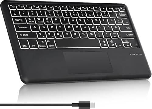 Bluetooth Touchpad Tastatur für iPad 11. /10. /Air/Pro/Mini/iPhone - 7 Farben Hintergrundbeleuchtete Deutsche Tastatur für Samsung/Lenovo/Huawei/Honor/Xiaomi und Android Tablet mit Type-c Kabel von SENGBIRCH