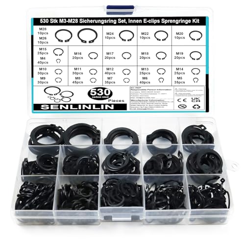 SENLINLIN 530tlg Sprengring Set, Sicherungsringe Set mit 21 Größen (M4–M28), Kohlenstoffstahl E-Clips Sprengringe Sortiment, Schwarz C-Clips Unterlegscheiben Sicherungsscheiben mit Aufbewahrungsbox von SENLINLIN