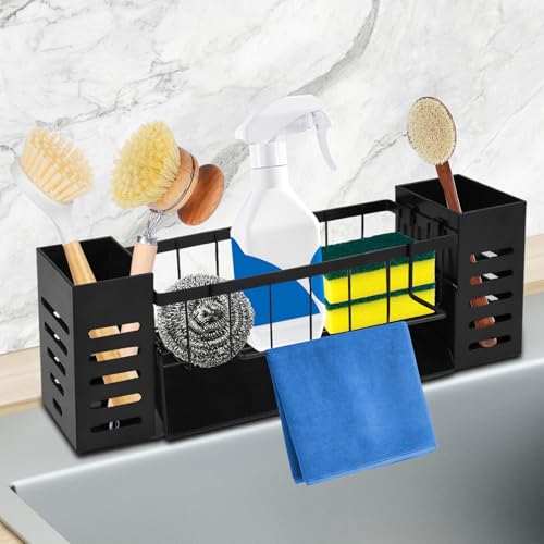 SENLINLIN Spülbecken Organizer Schwarz, Küchen Organizer mit Spültuchhalter, Schwammhalter & Aufbewahrungsbox, Großes Sink Organizer mit Automatisch Abflusspfanne, Rostfrei & Platzsparend Ohne Bohren von SENLINLIN