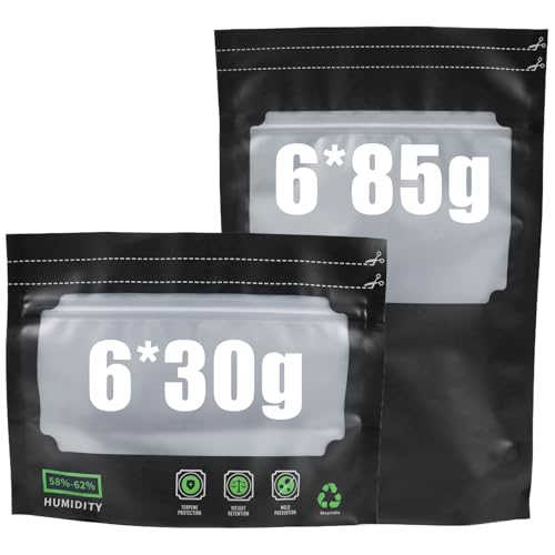 12 Stück Wiederverwendbare Aufbewahrungsbeutel (30gx6, 85gx6), Dry Ferm Bag, Luftdichte Aufbewahrungsbeutel mit Geruchskontrolle & UV-Schutz, Beutel mit Integrierter Feuchtigkeitskontrolle (58-62%) von SENLINLIN