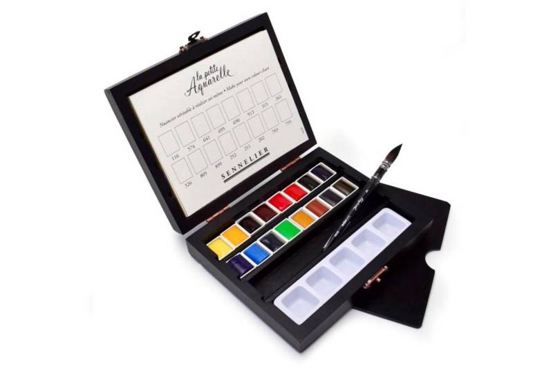 SENNELIER Aquarellfarbe La Petite Aquarelle Feine Aquarellfarbe, 16 halbe Näpfchen, Reisebox inkl. Zubehör von SENNELIER