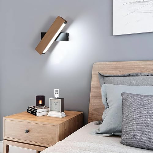 SENQIU LED Wandleuchte Innen, Holz Moderne Wandlampe 360 Grad Drehbar, 6500K Kühles Weißes Licht, LED Lampen Wandbeleuchtung für Schlafzimmer, Wohnzimmer, Küche, Flur von SENQIU
