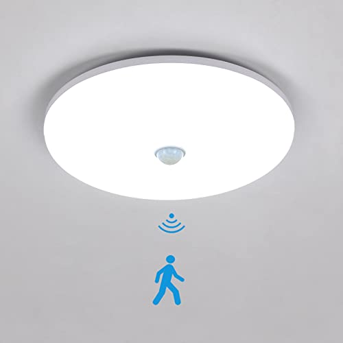 SENQIU Led Deckenleuchte mit Bewegungsmelder, 36W 6500K IP54 Wasserdicht 2800LM Kaltweiß Modern Led Leuchte Rund Lampe Decke für Balkon, Abstellraum, Keller, Flur, Garage, Treppe, Gang, Bad, Küche von SENQIU