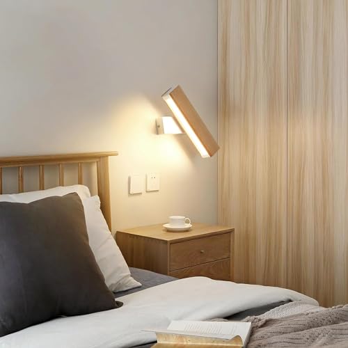 SENQIU Wandleuchte LED Innen, Moderne Weiße Wandleuchte Holz 4W, 360 ° Drehbar 3000K Led Wandbeleuchtung Innen für Schlafzimmer, Wohnzimmer, Flur, Treppe Verwendet, Warmes Licht, (21CM) von SENQIU