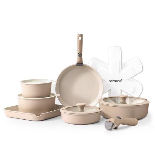 SENSARTE 17 Teiliges Keramik Topf und Pfannenset, Antihaft Kochgeschirr mit Abnehmbarem Griff, Induktionskochgeschirr mit Abnehmbarem Griff, Spülmaschinenfest, (Beige) von SENSARTE