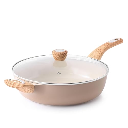 SENSARTE 30cm Beige Keramik Tiefe Bratpfanne mit Deckel, 4.7L Sautepfanne mit Deckel, Große Bratpfanne, Antihaft Kochpfanne, Chef's Pan, Induktion Geeignet von SENSARTE