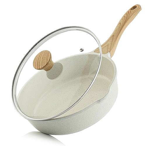 SENSARTE Bratpfanne mit Deckel, 28 cm/4 Liter Bratpfanne mit Deckel, Stay-Cool Griff, Chef Pan Healthy Stone Kochgeschirr Kochpfanne, Induktionskompatibel, PFOA-frei (Weiß) von SENSARTE