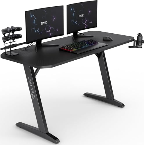 SENSE7 Schreibtisch Nomad Basic, Gaming Tisch 140x60, PC Tisch mit Kopfhörerhaken, Getränkehalter, Controller Halter, Gaming Computertisch mit Kohlefaseroberfläche, Ergonomischer Gaming Desk von SENSE7