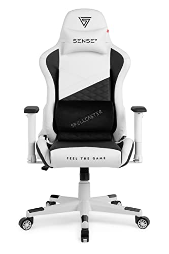 SENSE7 Gaming Stuhl Spellcaster Senshi Edition, ergonomischer Gaming Sessel, verstellbaren Lendenkissen Einstellbarer Neigungswinkel, Wippfunktion, PU-Leder Gaming Chair, 150kg, PC Stuhl Weiß von SENSE7