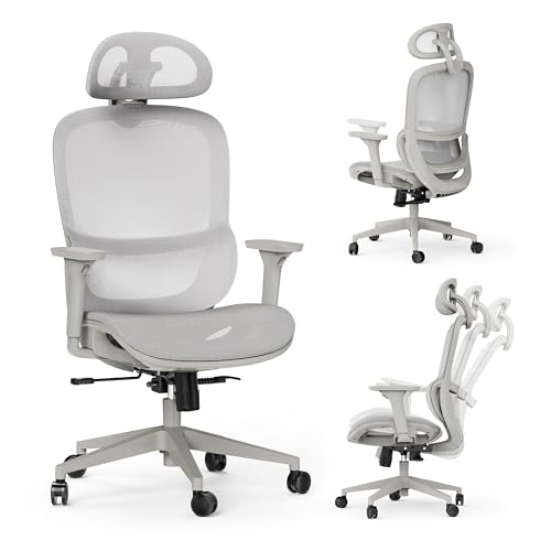 SENSE7 Ergonomischer Bürostuhl Neyo – Drehstuhl mit verstellbaren Armlehnen – 3D-Kopfstütze – Mesh-Rückenlehne – Home Office und Remote Work – 140° Neigung – Farbe Grau von SENSE7