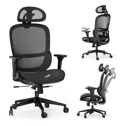 SENSE7 Ergonomischer Bürostuhl Neyo – Drehstuhl mit verstellbaren Armlehnen – 3D-Kopfstütze – Mesh-Rückenlehne – Home Office und Remote Work – 140° Neigung – Farbe Schwarz von SENSE7