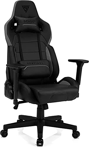 SENSE7 Gaming Stuhl Sentinel, ergonomischer Gaming Sessel mit verstellbaren Lendenkissen, Einstellbarer Neigungswinkel, Gaming Chair mit Wippfunktion, PU-Leder Bürostuhl 150kg, PC Stuhl Schwarz-Grau von SENSE7