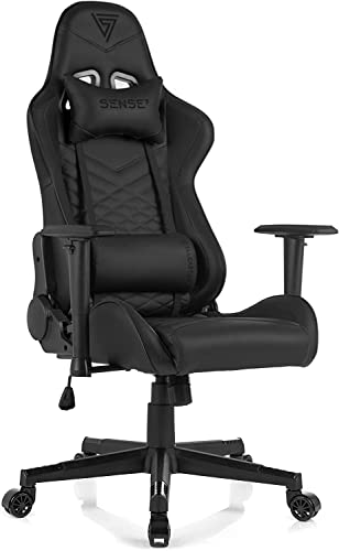 SENSE7 Gaming Stuhl Spellcaster, ergonomischer Gaming Sessel mit verstellbaren Lendenkissen Einstellbarer Neigungswinkel, Gaming Chair mit Wippfunktion, PU-Leder Bürostuhl 150kg, PC Stuhl Schwarz von SENSE7