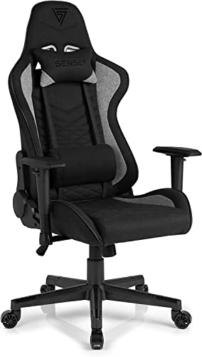 SENSE7 Gaming Stoff Spellcaster Bürostuhl Zocker Gamer Ergonomischer Stuhl Armlehne Einteiliger Stahlrahmen Einstellbarer Neigungswinkel Schwarz-Grau, Nylon, 43-52 x 69,5 x 57 von SENSE7