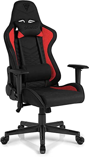 SENSE7 Gaming Stoff Spellcaster Bürostuhl Zocker Gamer Ergonomischer Stuhl Armlehne Einteiliger Stahlrahmen Einstellbarer Neigungswinkel Schwarz-Rot, Nylon, 43-52 x 69,5 x 57 von SENSE7