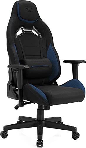 SENSE7 Gaming Stuhl Vanguard, ergonomischer Gaming Sessel mit verstellbaren Lendenkissen, Einstellbarer Neigungswinkel, Gaming Chair mit Wippfunktion, Stoff Bürostuhl 150kg, PC Stuhl Schwarz-Blau von SENSE7