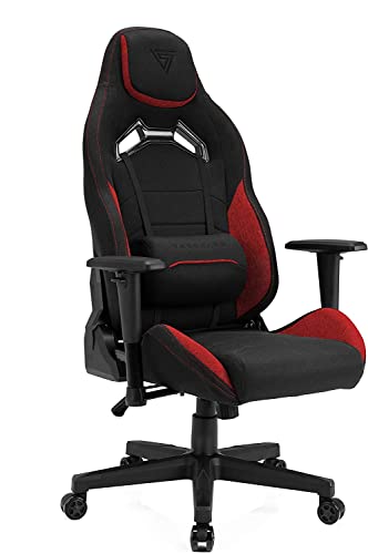 SENSE7 Gaming Stuhl Vanguard, ergonomischer Gaming Sessel mit verstellbaren Lendenkissen, Einstellbarer Neigungswinkel, Gaming Chair mit Wippfunktion, Stoff Bürostuhl 150kg, PC Stuhl Schwarz-Rot von SENSE7