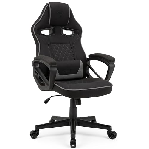 SENSE7 Gaming Stuhl Knight, Ergonomischer Gaming Sessel Mir verstellbaren Lendenkissen, Gaming Chair mit Wippfunktion, Gepolsterte Armlehnen, Stoff Bürostuhl bis 120kg, PC Stuhl Schwarz-Grau von SENSE7