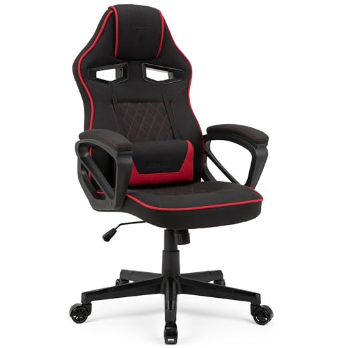 SENSE7 Gaming Stuhl Knight, ergonomischer Gaming Sessel mit verstellbaren Lendenkissen, Gaming Chair mit Wippfunktion, Gepolsterte Armlehnen, Stoff Bürostuhl bis 120kg, PC Stuhl Schwarz-Rot von SENSE7