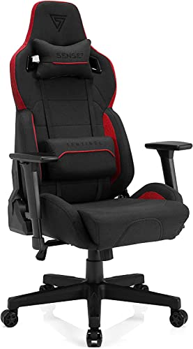 SENSE7 Gaming Stuhl Sentinel, ergonomischer Gaming Sessel mit verstellbaren Lendenkissen, Einstellbarer Neigungswinkel, Gaming Chair mit Wippfunktion, Stoff Bürostuhl 150kg, PC Stuhl Schwarz-Rot von SENSE7