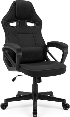 SENSE7 Gaming Stuhl Knight, ergonomischer Gaming Sessel mit verstellbaren Lendenkissen, Gaming Chair mit Wippfunktion, Gepolsterte Armlehnen, Stoff Bürostuhl bis 120kg, PC Stuhl Schwarz von SENSE7