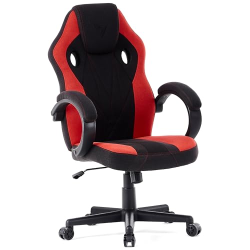 SENSE7 Gaming Stuhl Prism, ergonomischer Gaming Sessel, Gaming Chair mit Wippfunktion, Gepolsterte Armlehnen, Stoff Bürostuhl bis 120kg, PC Stuhl Schwarz-Rot von SENSE7