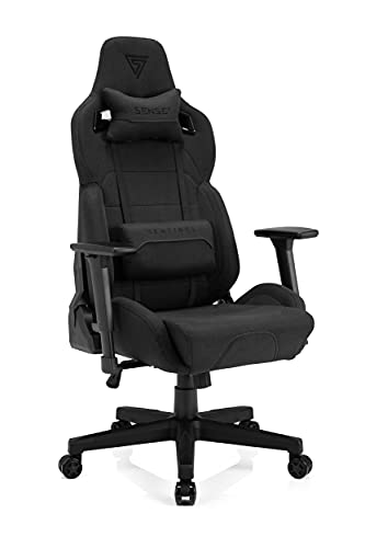 SENSE7 Gaming Stuhl Sentinel, ergonomischer Gaming Sessel mit verstellbaren Lendenkissen, einstellbarer Neigungswinkel, Gaming Chair mit Wippfunktion, Stoff Bürostuhl 150kg, PC Stuhl Schwarz von SENSE7