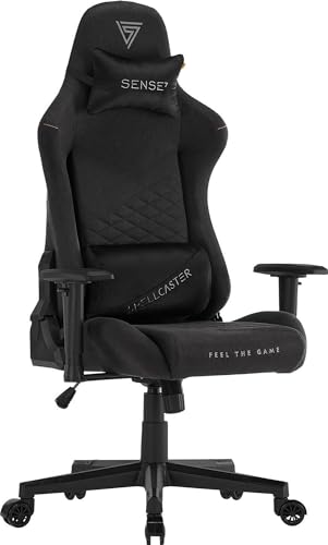 SENSE7 Gaming Stuhl Spellcaster Senshi Edition, ergonomischer Gaming Sessel, verstellbaren Lendenkissen Einstellbarer Neigungswinkel, Wippfunktion, Stoff Gaming Chair, 150kg, PC Stuhl Schwarz von SENSE7