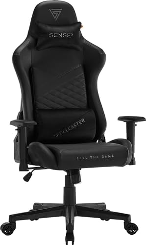 SENSE7 Gaming Stuhl Spellcaster Senshi Edition, ergonomischer Gaming Sessel, verstellbaren Lendenkissen Einstellbarer Neigungswinkel, Wippfunktion, PU-Leder Gaming Chair, 150kg, PC Stuhl Schwarz von SENSE7
