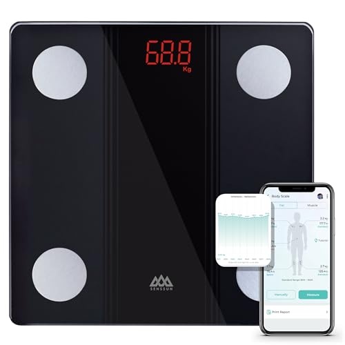 SENSSUN Körperfettwaage Digital Personenwaagen,Waage Personen mit APP, Smart Waage Bluetooth Körperanalysewaage mit Körperzusammensetzungsfunktion,150KG/330LB,26 * 26CM,LED-Display(Schwarz) von SENSSUN