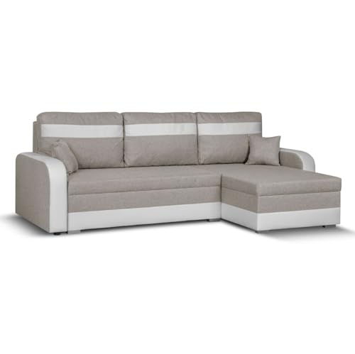SENTO TRADE Ecksofa mit Schlaffunktion, Bettkasten, L-Form Eckcouch, Schlafsofa, inkl. Hocker, Bonellfederkern, CONDI (beige-weiß) von SENTO TRADE