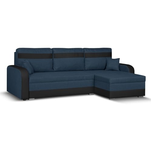 SENTO TRADE Ecksofa mit Schlaffunktion, Bettkasten, L-Form Eckcouch, Schlafsofa, inkl. Hocker, Bonellfederkern, CONDI (marienblau-schwarz) von SENTO TRADE
