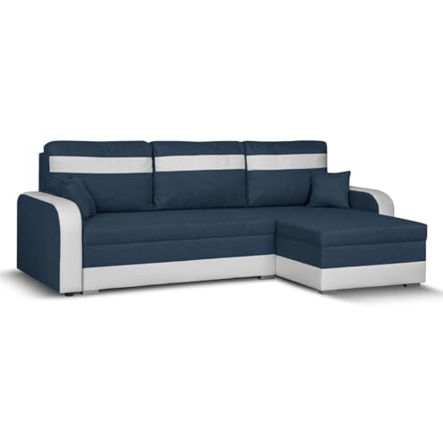 SENTO TRADE Ecksofa mit Schlaffunktion, Bettkasten, L-Form Eckcouch, Schlafsofa, inkl. Hocker, Bonellfederkern, CONDI (marienblau-weiß) von SENTO TRADE