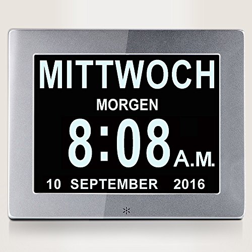 SENXINGYAN 8" Digital Wecker,Digitaler Kalender Tag Uhr Für Demenz sehschwachen Gelesen Werden,Kinder, Senioren, Sehschwache und Alzheimer Patienten (Silber) von SENXINGYAN