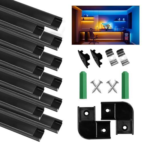 SENXINGYAN LED Aluminium Profil, 12 X 1m LED Aluminium Leisten U-Form, LED-Kanäle, LED Profil Schwarz mit Endkappen, Metall Befestigungs Clips und Eckverbindern von SENXINGYAN