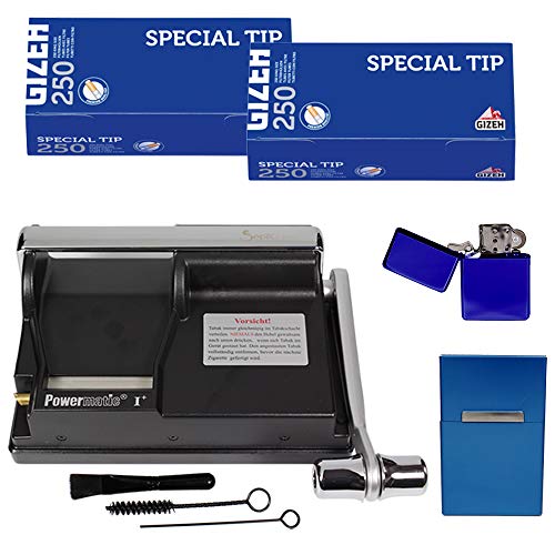 Powermatic 1 Plus Elite Zigarettenstopfmaschine I Zigarettenstopfer Zigarettenmaschine Zigarettenfertiger Zigarettenhülsen Filterhülsen Benzinfeuerzeug Alu Box mit Magnetverschluss (Blau Set) von Sepilo