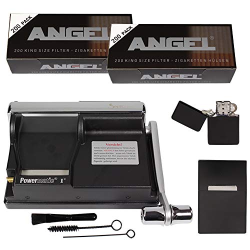 Powermatic 1 Plus Elite Zigarettenstopfmaschine I Zigarettenstopfer Zigarettenmaschine Zigarettenfertiger Zigarettenhülsen Filterhülsen Benzinfeuerzeug Alu Box mit Magnetverschluss (Schwarz Set) von Sepilo