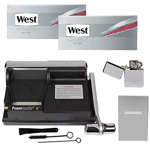 Powermatic 1 Plus Elite Zigarettenstopfmaschine I Zigarettenstopfer Zigarettenmaschine Zigarettenfertiger Zigarettenhülsen Filterhülsen Benzinfeuerzeug Alu Box mit Magnetverschluss (Silber Set) von Sepilo