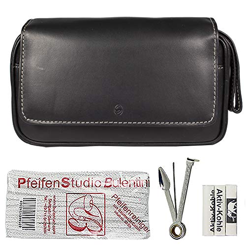 SEPILO Pfeifentasche Echt-Leder LAMM Nappa für 2 Pfeifen Schwarz im Set inkl. Pfeifesteck, 3 Aktivkohle-Filter (9mm), Pfeifenreiniger aus Baumwolle, Abnehmbarer Tabakbeutel von SEPILO