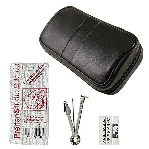 SEPILO Pfeifentasche Echt-Leder für 2 Pfeifen Schwarz im Set inkl. Pfeifesteck, 3 Aktivkohle-Filter (9mm), Pfeifenreiniger aus Baumwolle, Abnehmbarer Tabakbeutel von Sepilo
