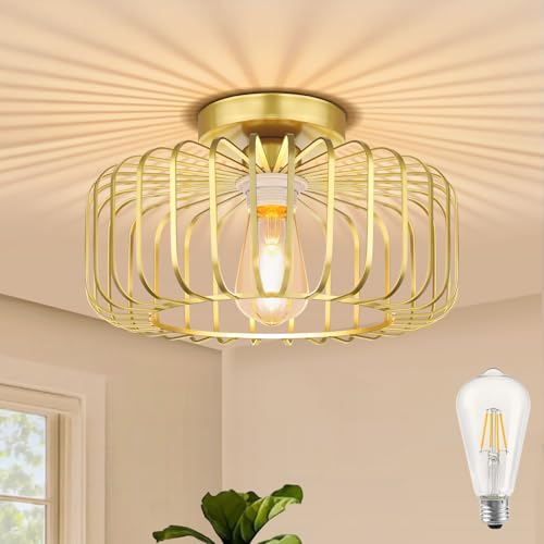 SERBASIC Deckenlampe Gold Led Deckenleuchte mit Glühbirne, E27 Lampen Decke aus Metall Modern Wohnzimmerlampe Deckenlampe Retro Deckenleuchte Rund Industrial für Küche Flur Schlafzimmer Esszimmer von SERBASIC
