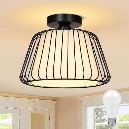 SERBASIC Deckenleuchte Schwarz Deckenlampe Led Dimmbar mit Glühbirne, Modern aus Metall E27 Deckenleuchte mit Stoffabdeckung, Deckenlampe Vintage Industrial für Küche Wohnzimmer Schlafzimmer Esszimmer von SERBASIC