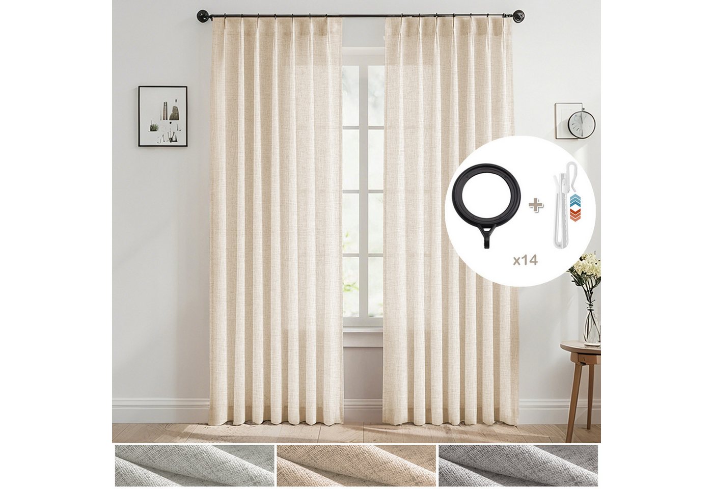 SERBASIC Gardine Leinenoptik Halbtransparente Vorhänge mit Quetschfalten, 2 Stück, Mit Häkchen und Ringen für Wohnzimmer, Schlafzimmer, Terrasse SERBASIC Gardine Leinenoptik Halbtransparente Vorhänge mit Quetschfalten, 2 Stück, Mit Häkchen und Ringen für Wohnzimmer, Schlafzimmer, Terrasse von SERBASIC
