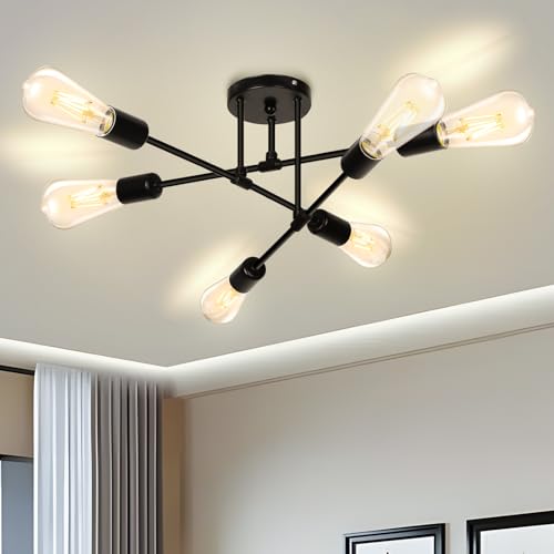 SERBASIC Deckenleuchte Schwarz Deckenlampe 6 Flammig aus Metall, E27 Sputnik Deckenlampe Vintage Industrial Lampe Decke Hängelampe Wohnzimmer Flurlampen für Schlafzimmer Esszimmer Küche von SERBASIC