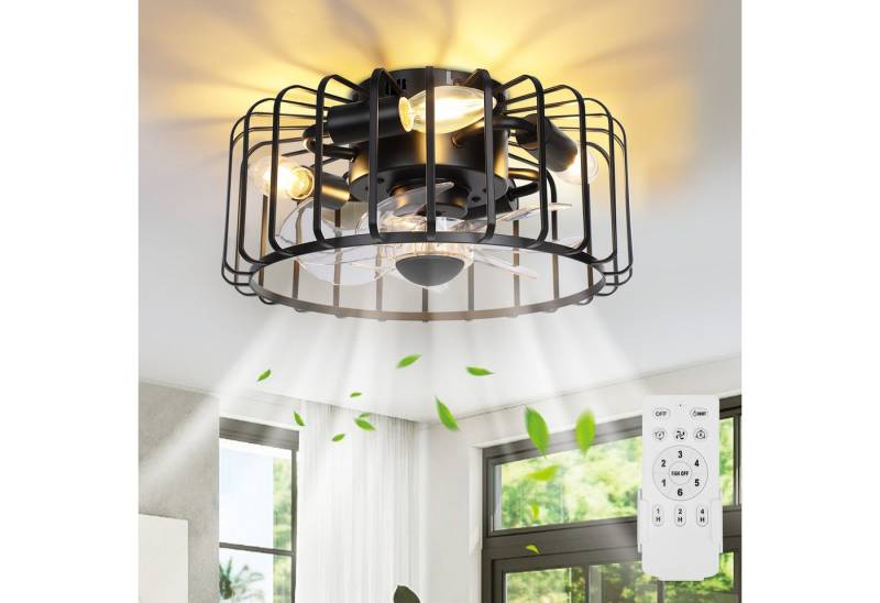 SERBASIC LED Deckenleuchte Retro Deckenventilator mit Beleuchtung, 6 Geschwindigkeiten, Timer, LED wechselbar, Ø30cm, Warmes Weiß, mit 4 Glühbirne und Fernbedienung, Metallkäfig Leuchten von SERBASIC