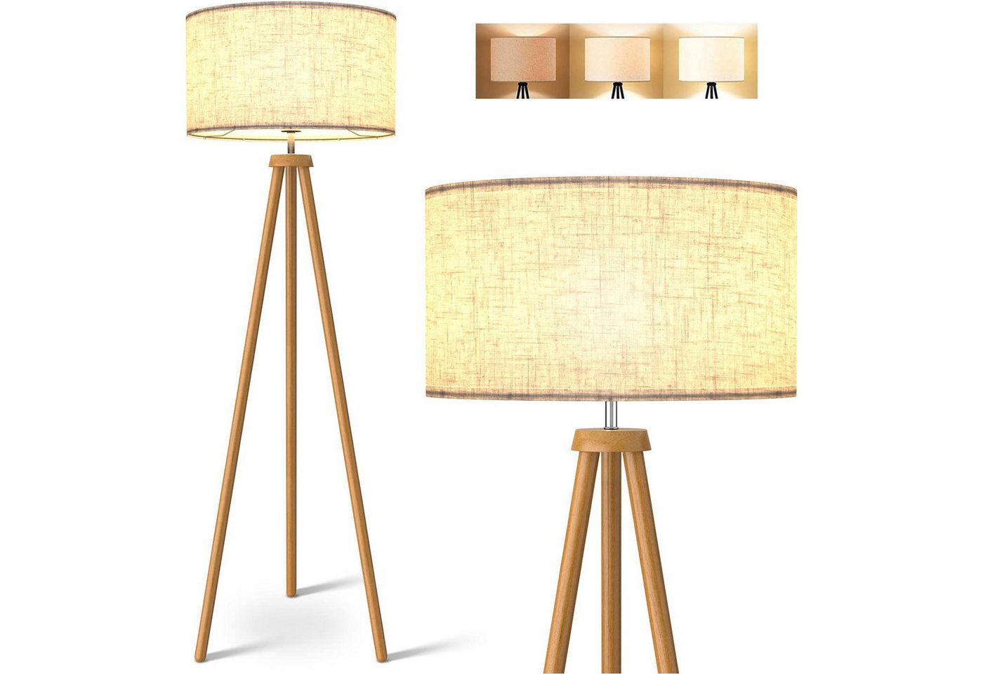 SERBASIC LED Stehlampe Holz LED Stehlampe mit 3 Farbtemperaturen, Leinen Lampenschirm, 155cm, Skandinavischer Stil Moderne Standleuchte für Wohnzimmer, Schlafzimmer von SERBASIC