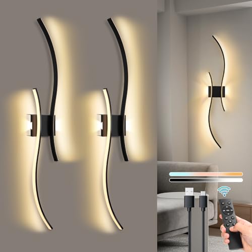 SERBASIC Led Wandleuchte Innen Akku mit Fernbedienung, Wandlampe Schwarz Modern Lampe Wand mit Dimmbar&Timing-Funktionen Kabellose Wandleuchte für Wohnzimmer Schlafzimmer Flur Treppen, 2 Stück, 100CM von SERBASIC